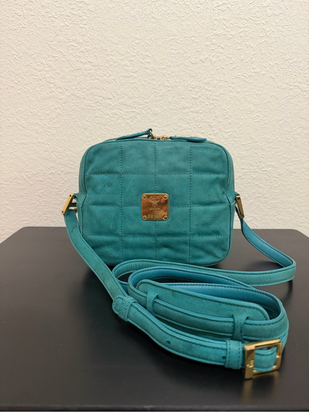 MCM Teal Quilted Suede Crossbody with Gold Plaque